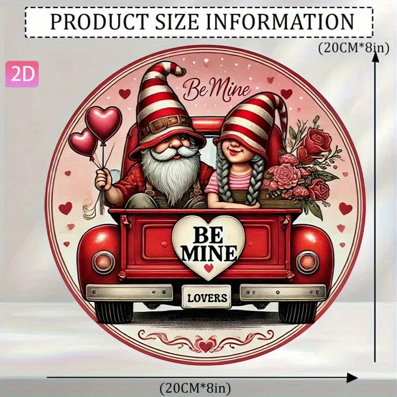 Valentine's Day Gnome & Girlfriend Wreath Vintage Aluminum Sign Wall Art Decor for Home Garden Bar Room Outdoor 20x20cm 2D Flat