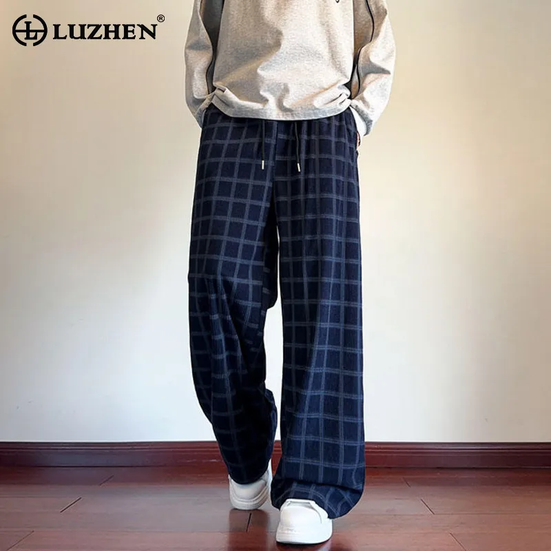 

LUZHEN Fashion Elastic Waist Plaid Printed Straight Casual Pants Men's 2025 New Korean Handsome Wide Leg Male Trousers JY4109