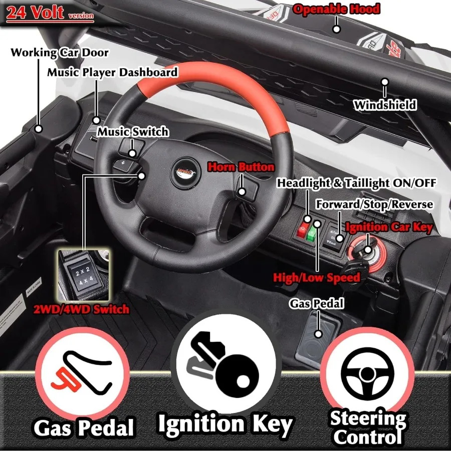 ألعاب ركوب 24 فولت 7 أمبير للأطفال الكبار مع بطارية تحكم عن بعد تعمل بالطاقة 4 × 4 مركبة كهربية للأطفال UTV، عجلة إطارات EVA #5