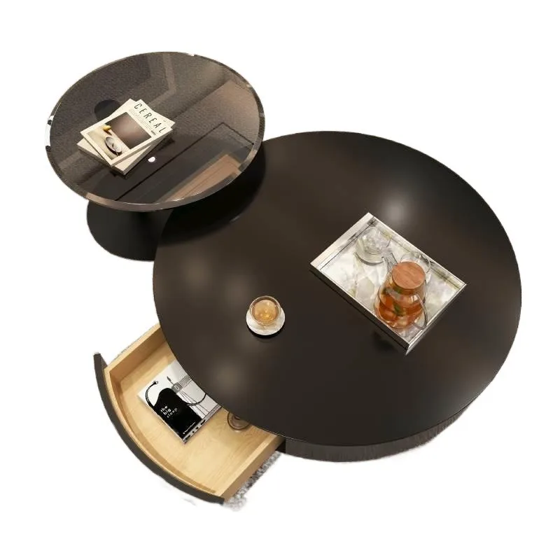 شقة منزلية جديدة خفيفة فاخرة راقية إيطالية بسيطة مستديرة طاولة قهوة سوداء نقية مزيج من الفولاذ المقاوم للصدأ