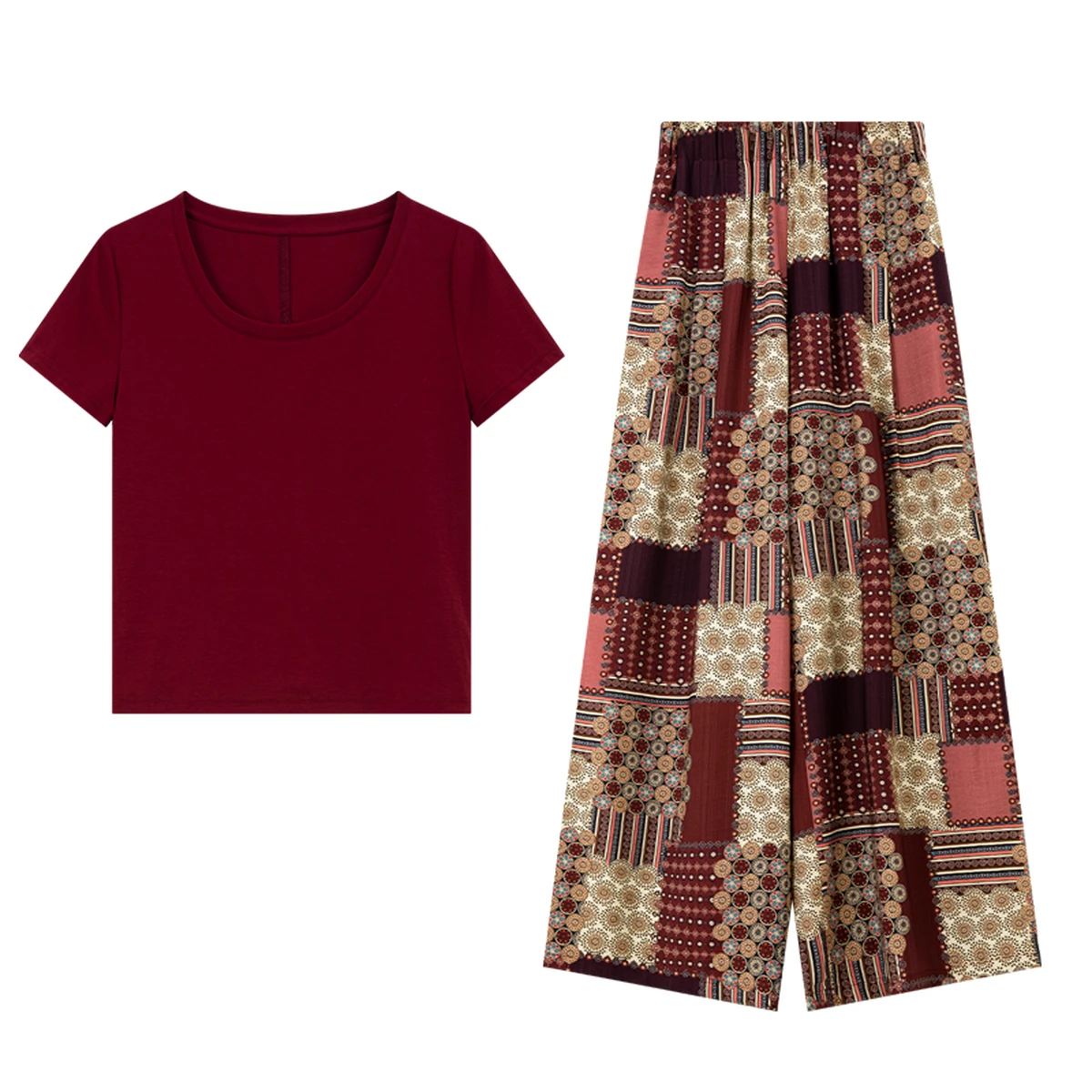 VIMLY Casual Vacation Outfit Women Crew Neck Straight Short Sleeve Top Ethnic Geometric Print Wide Leg Pant 2 Piece Set A6186