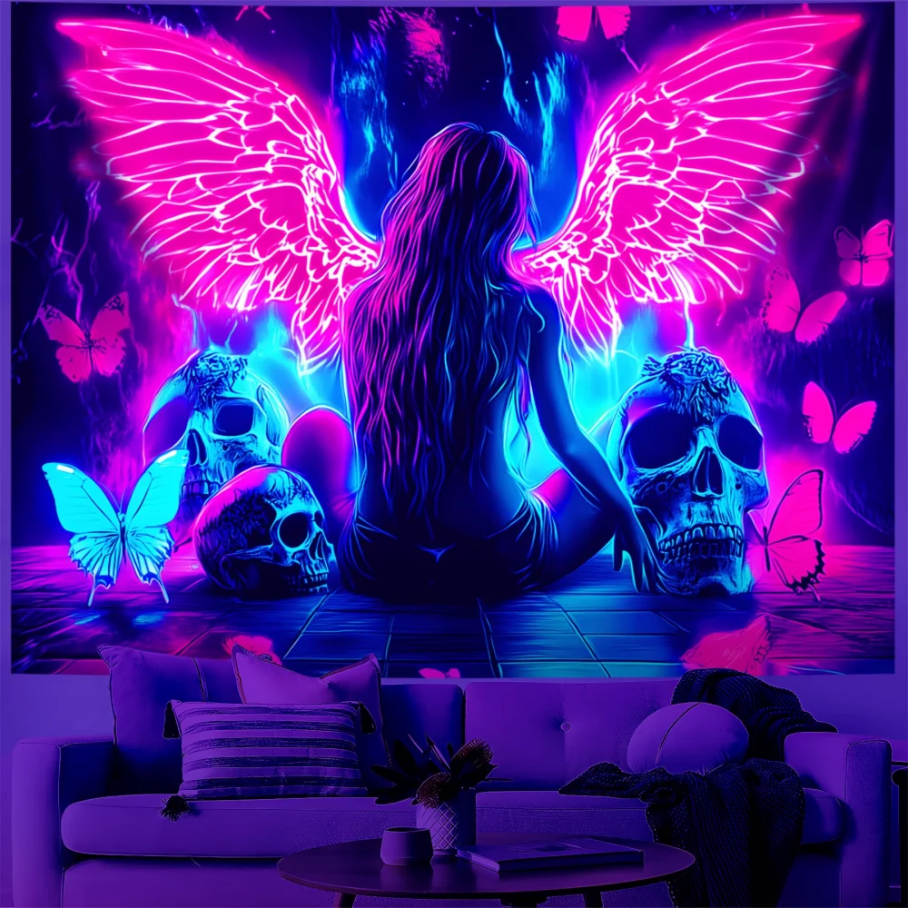 VIKAMA Fluoreszierende Dunkle Engelsflügel Wandteppich Schwarzlicht-Reaktiv Wandbehang für Schlafzimmer Gaming-Raum Bar Wohnheim Heim-Dekoration