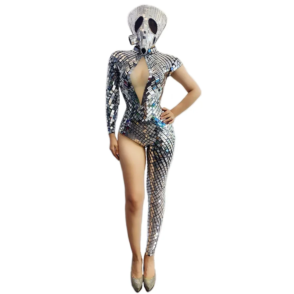 

Jumpsuit Halloween Silver Mirror Single Leg Cosplay Drag Queen Costume Dance Team Gogo Party Rave Outfit Catwalk Show Stage Wear