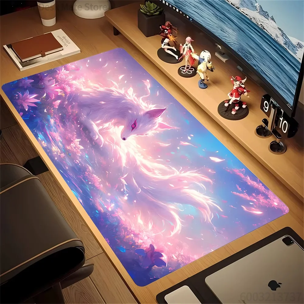 Fantasy Nine Tailed Fox Cherry Blossom Gaming Mouse Pad Waterproof Non-Slip Pastel Glowing Fox Desktop Mat For Gamers