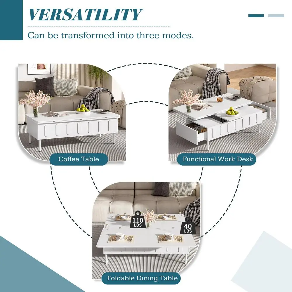 Mesa de centro con tapa elevable en U, 2 cajones, mesa central moderna que ahorra espacio, tapa plegable, almacenamiento oculto ajustable para sala de estar