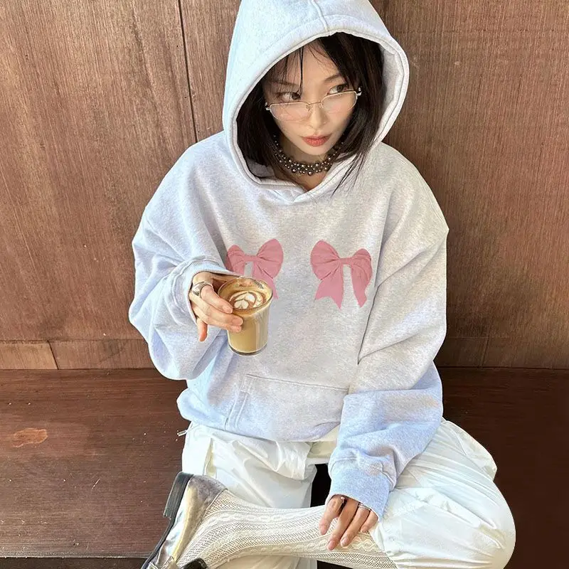 

Hoodie Bowknot Pattern Big Pocket Vintage Women Hoodie Sweatshirt High Street Harajuku Fashion Casual Loose Pullover Hoodie