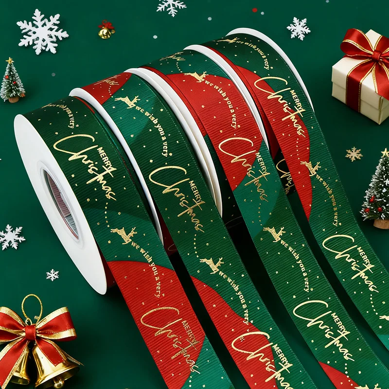 Merry Christmas Ribbon Gift Box Packaging Ribbon English Gold Stamping Flowers Christmas Tree Decoration Encrypted Ribbon