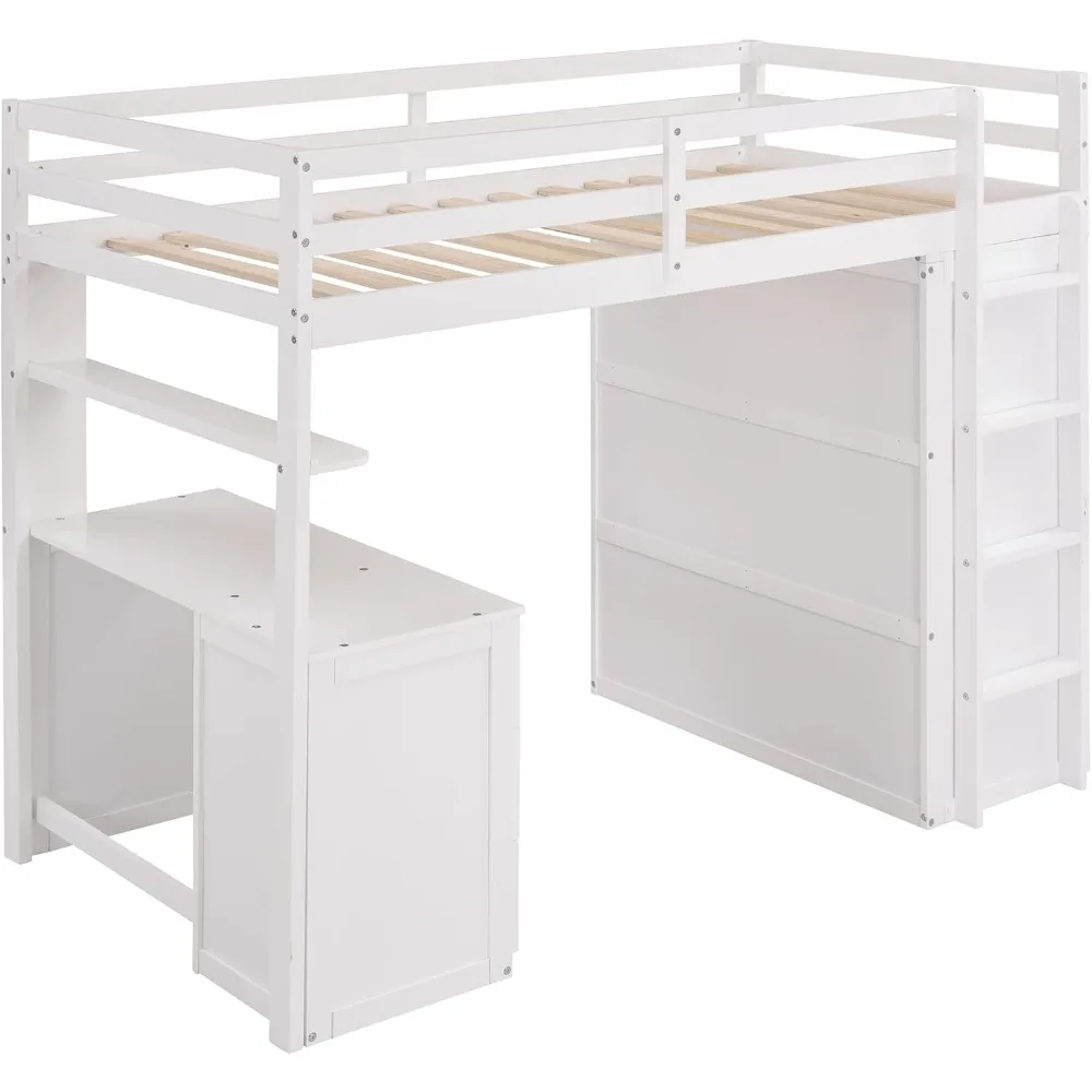 Hoog Twin-size hoogslaper met bureau en kledingkast, massief houten hoogslaperframe Twin met opbergladen voor kinderen tieners volwassenen, nr