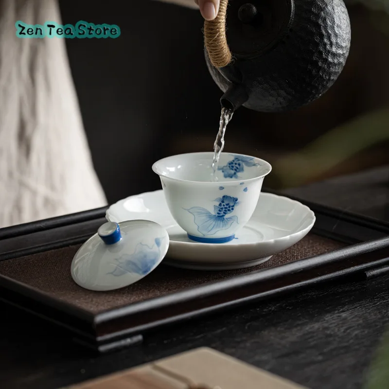 Hand-painted Ink Koi Sancai Cover Bowl Under Glaze Seiko Hand Goldfish Tea Bowl Fresh Fishing Fun Hand Grab Bowl