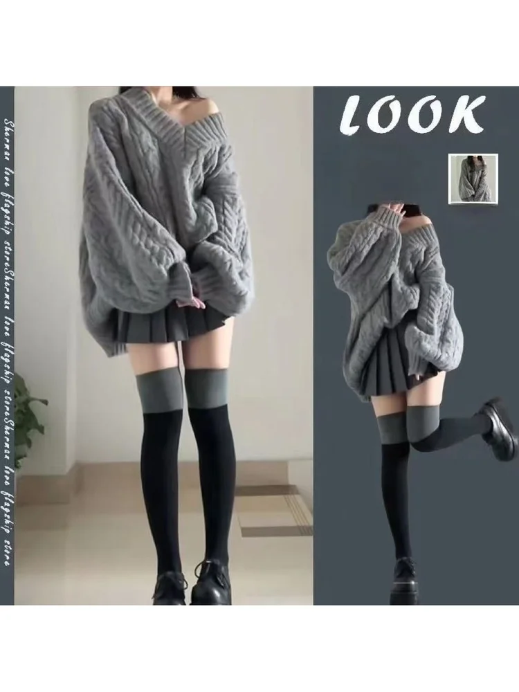 Autumn Winter Knitted V-Neck Sweater And Skirt Set Women's Fashion Lazy Style College Wind Two-Piece Ensemble Warm Thickened