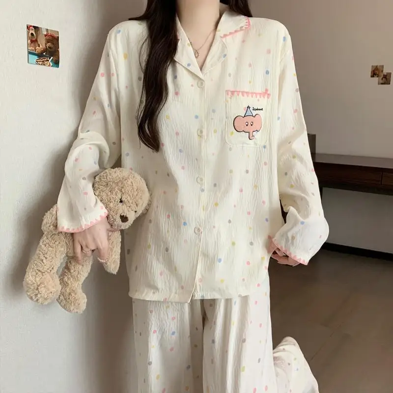 Women Colorful Polka Dot Pajama Set Cartoon Elephant Embroidery Lapel Long Sleeve Soft Loungewear Two Piece Sleepwear Night Suit
