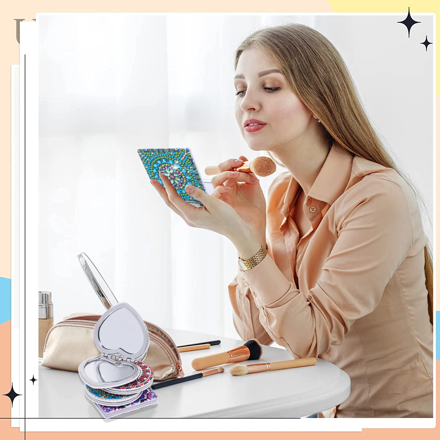 1pc/Set DIY Mandala Diamond Art Compact Mirror Leather Portable Folding Mirror Kit Diamond Painting Pocket Mirror for Adults