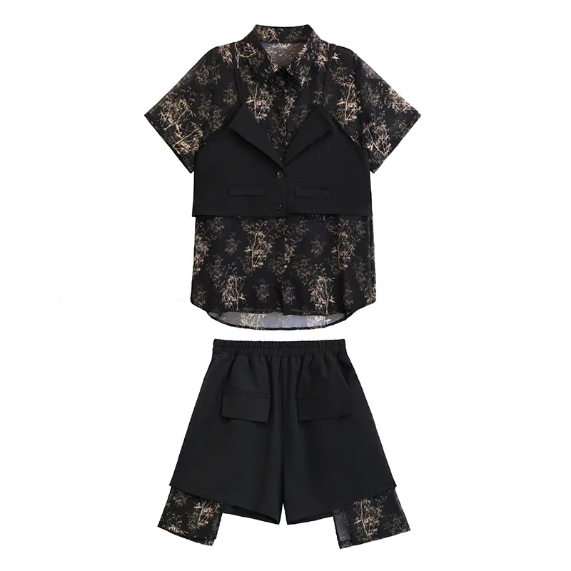 Tannt Set di pantaloni da donna Asimmetria Camicia in due pezzi finta Top Moda irregolare Pantaloni corti a vita alta Abiti a due pezzi 2025 Nuovo