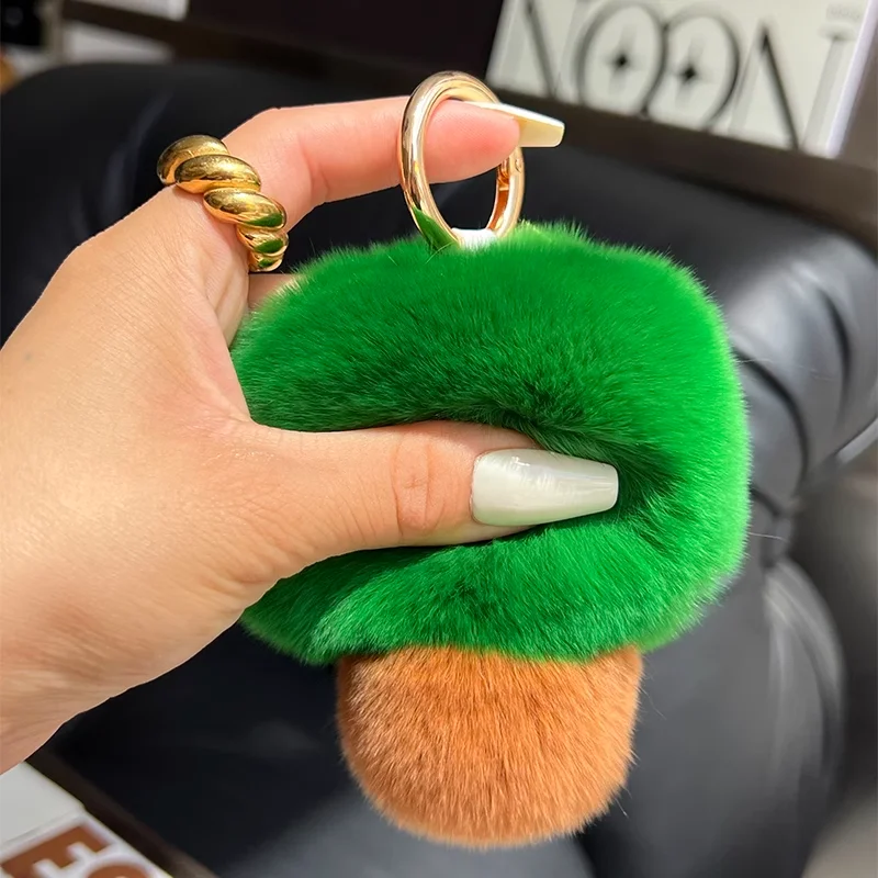 Porte-clés de voiture en vraie fourrure de lapin, petit arbre mignon, boule en peluche verte, poupée, sac à dos, pendentif de sac