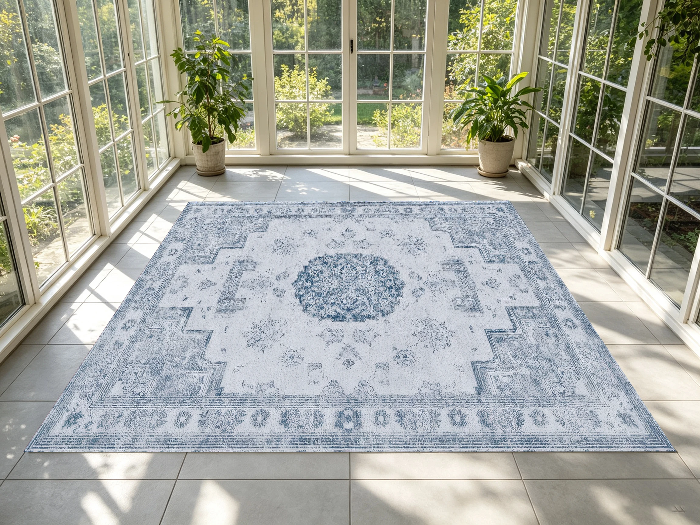 Light Blue Vintage Ethnic Style Area Rug, Classic Central Medallion Pattern, for Autumn Winter Home Refresh, Decor for Entryway