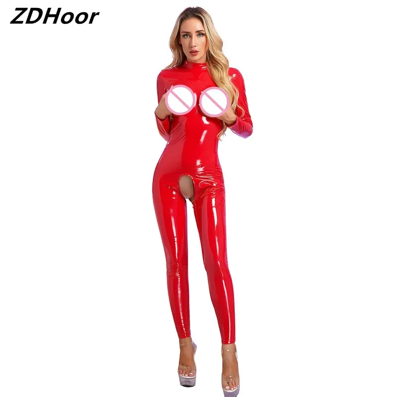 

Женский ажурный комбинезон без вырезов с открытой грудью и длинными рукавами, комбинезон с воротником-молнией сзади, боди из лакированной кожи