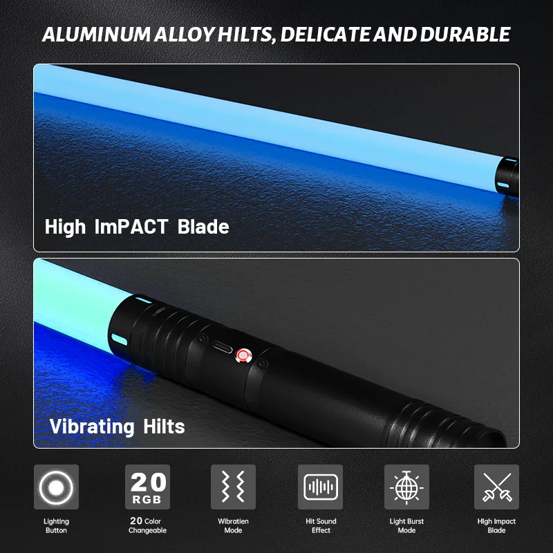RGB Dueling Lightsaber، مقبض معدني، 15 لونًا، 4 أوضاع، 6 أصوات، قابلة لإعادة الشحن عبر USB - للأطفال والكبار