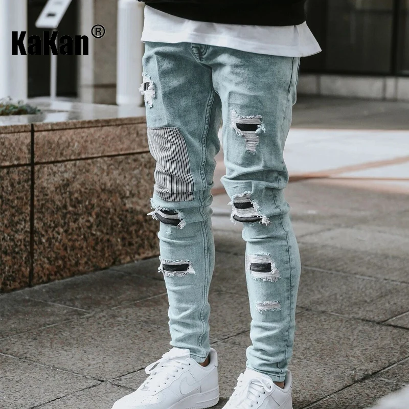 Kakan-y2k nouveaux vêtements pour hommes usés petites jambes élastiques, bottes de motoryclist minces et belles jeans longs jeans, jeans homme marque