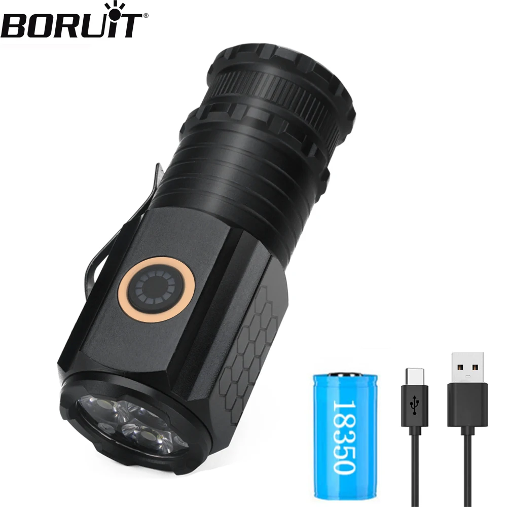 BORUiT Mini EDC Flashlight 18350 Torch 1200LM USB C Rechargeable Light  with Magnet Waterproof Camping Lantern Emergency Light