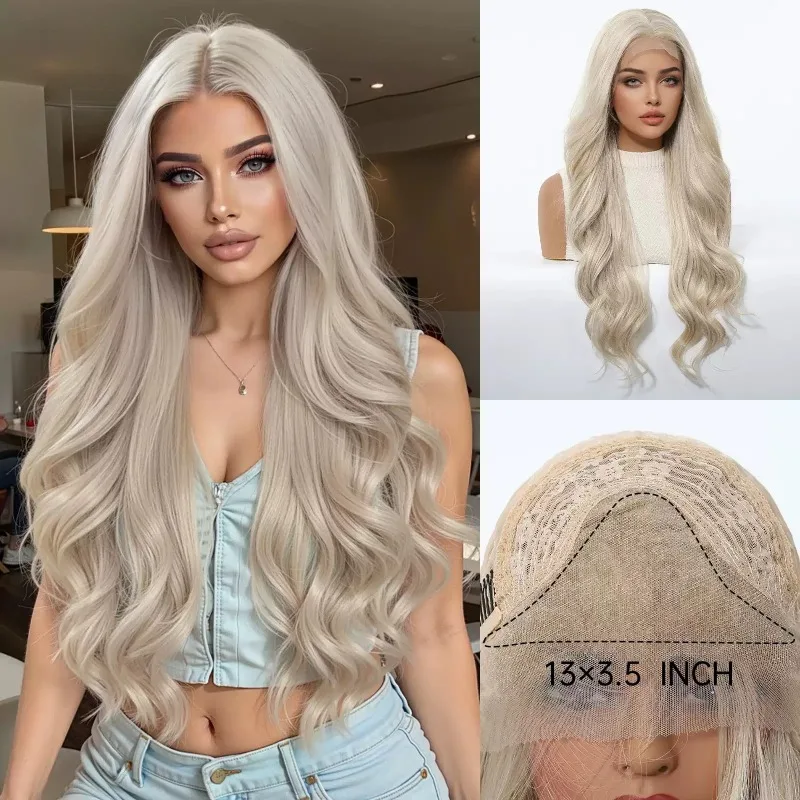 Women Platinum Blonde Water Wave Lace Front Wig, 13x4 Full Head Synthetic Wig, Long Curly Natural Looking Hair Wig