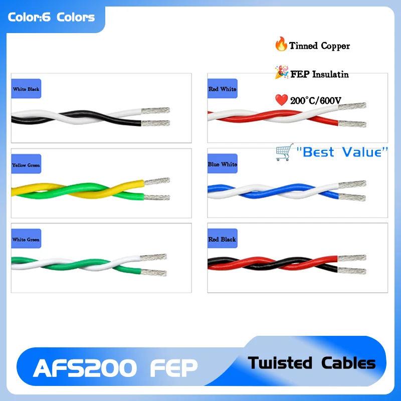 AFS200 FEP High-Temp Wire, 1-10m Length | 26-13AWG Tinned Copper Twisted Pair for DIY Electronics, Sensor Signal Cable Assembly