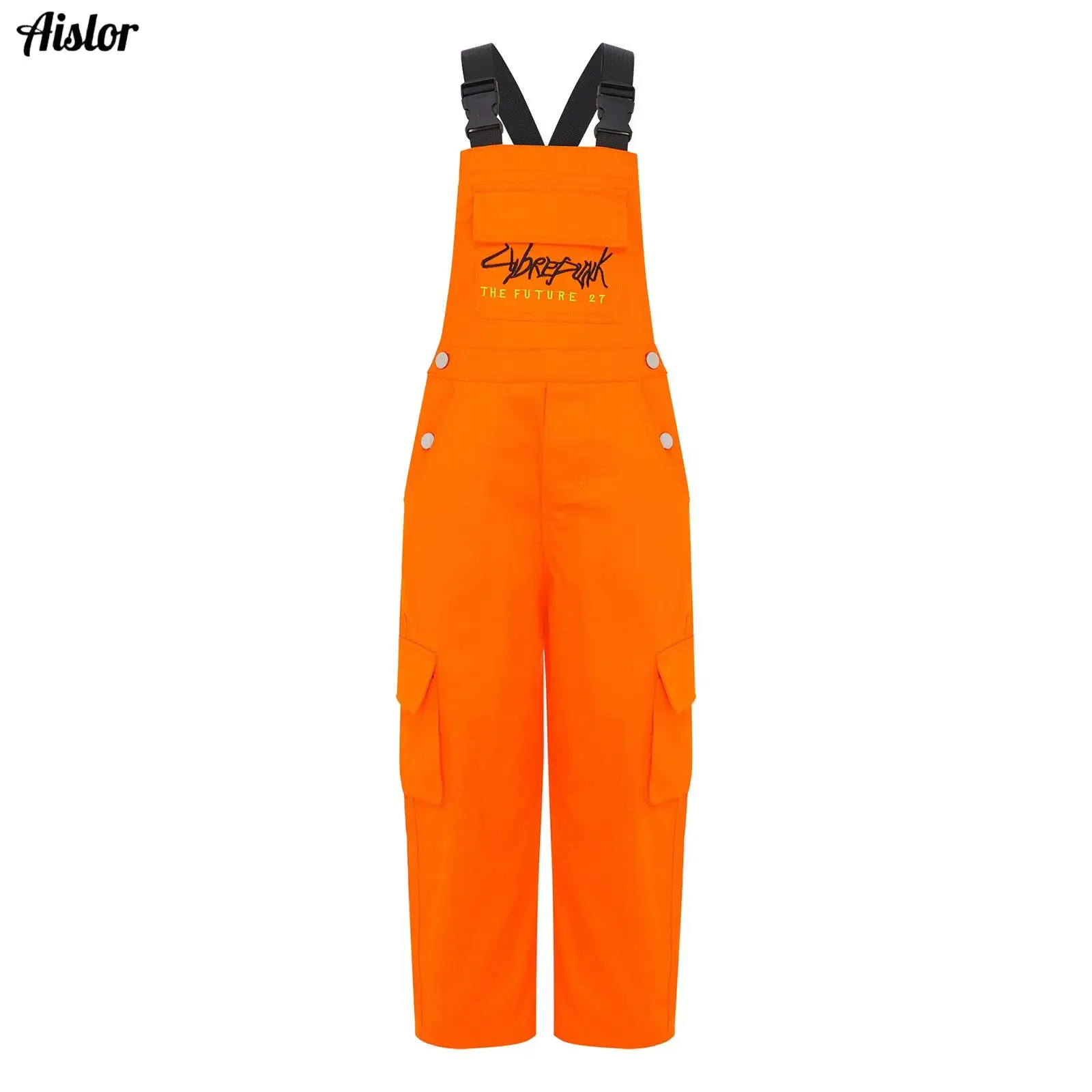 

Boys Girls Hip-Hop Street Dance Bib Overall Letter Embroidery Jumpsuit Adjustable Buckle Shoulder Straps Coveralls with Pockets