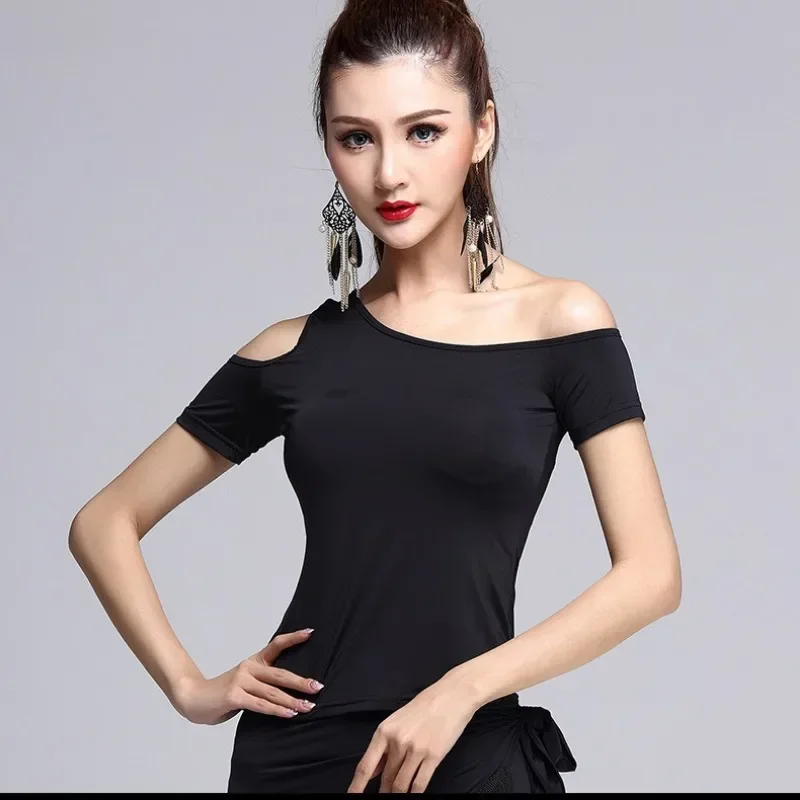 2024 New Latin Dance Clothes Slim Off-shoulder Fitness Clothes for Women Square Dance Clothes Short-sleeved Tops for All Seasons