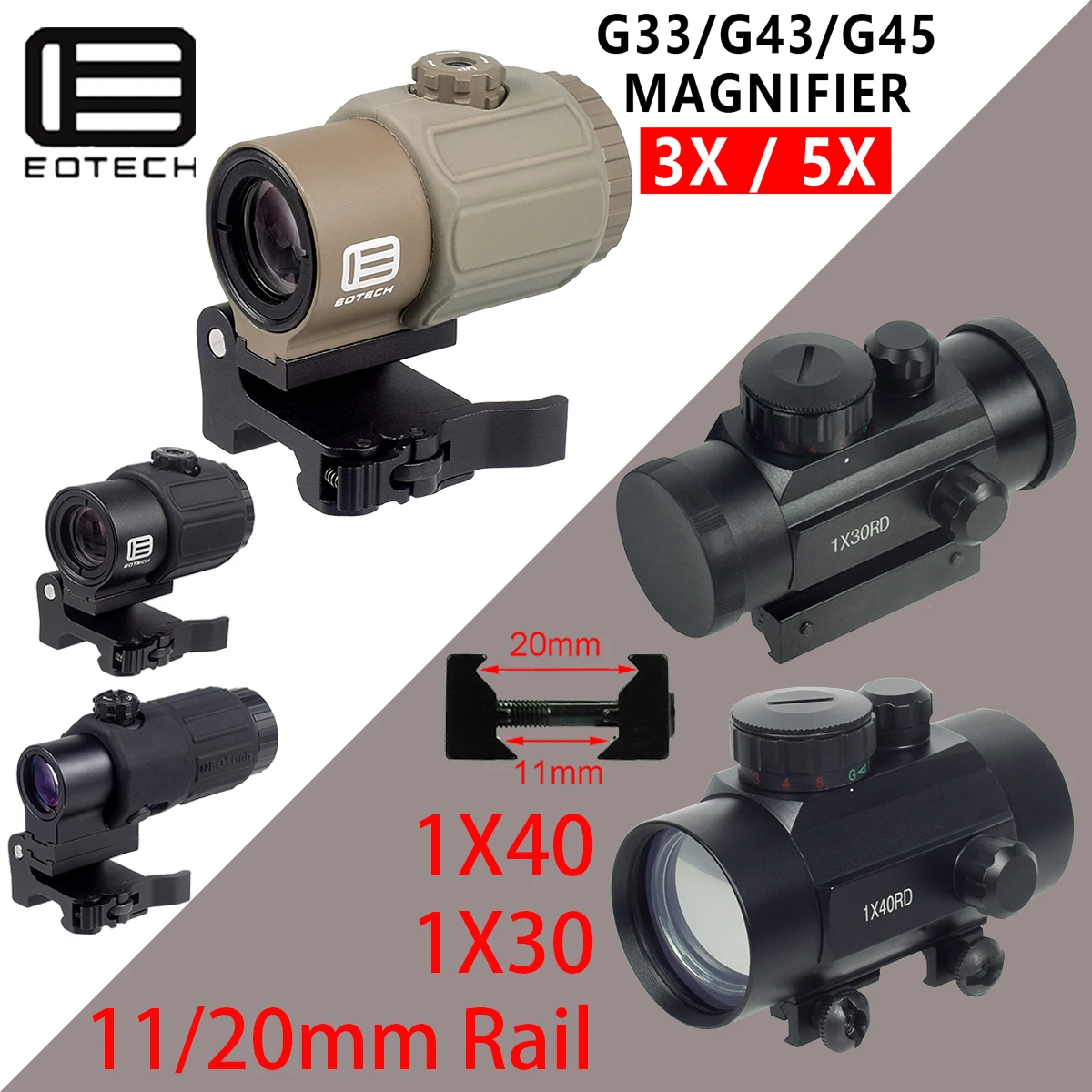 1X30 1X40 Holographic Red Green Dot Sight Reflex Scope Optics 3X 5X Magnifier Eotech G33 G43 G45 For 11MM 20MM Picatinny Rail
