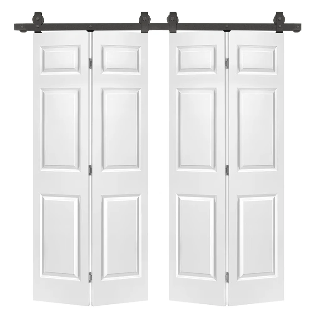 

48 in. x 84 in. 6Panel Primed White MDF Hollow Core Composite Double Bi-Fold Barn Doors with Sliding Hardware Kit
