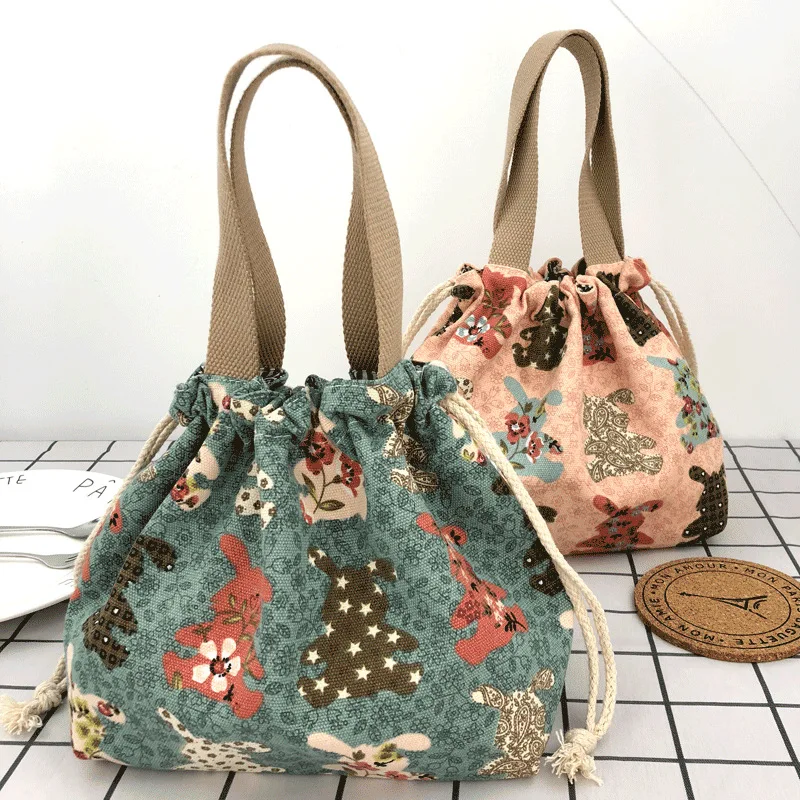 Cute Bento bag Handbag Outdoor Portable Canvas Lunch box bag Spring outing Lunch bag Lunch bag Portable Bento bag Drawstring bag