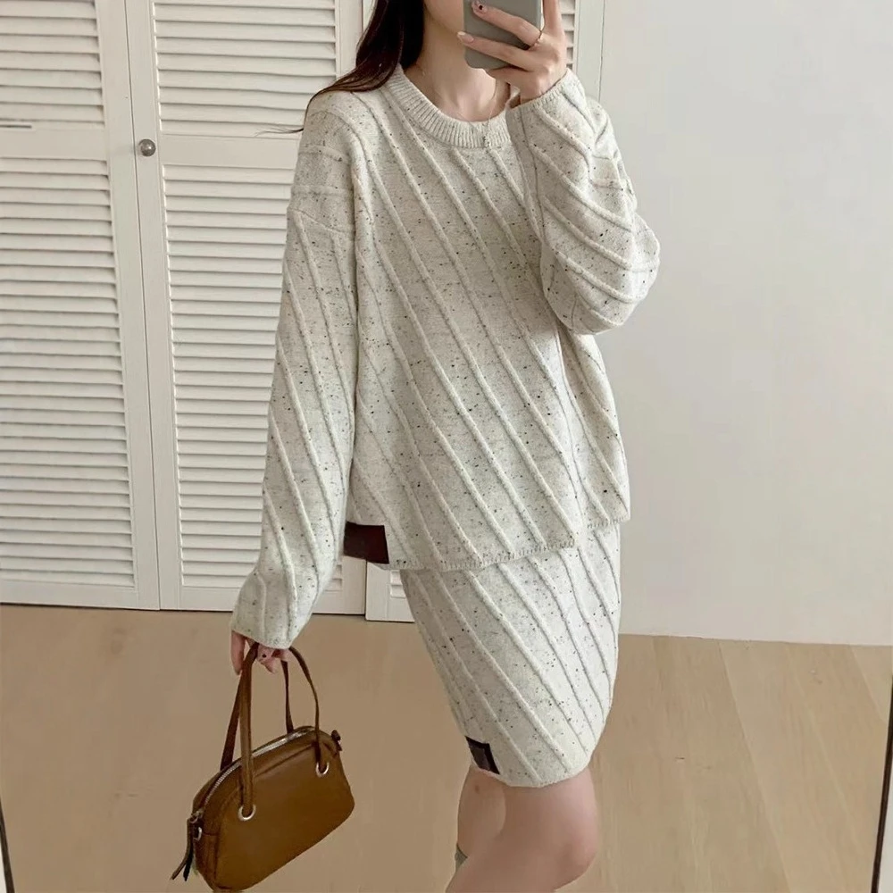 Women Elegant Twisted Striped Knitted 2 Two Pieces Set Dress Autumn Long Sleeve O Neck Vintage Loose Pullover Short Dress Suit
