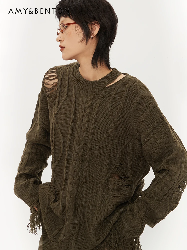 

Осень-зима, зеленый свитер в американском стиле с круглым вырезом и длинными рукавами, нерегулярный свободный повседневный абрикосовый вязаный топ