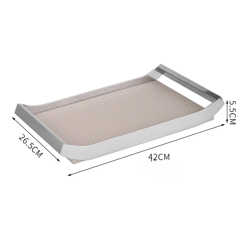 Nordic Luxury Stainless Steel Serving Tray Leather Woven Storage Tray with Handles for Home Decoration Table Room Gift