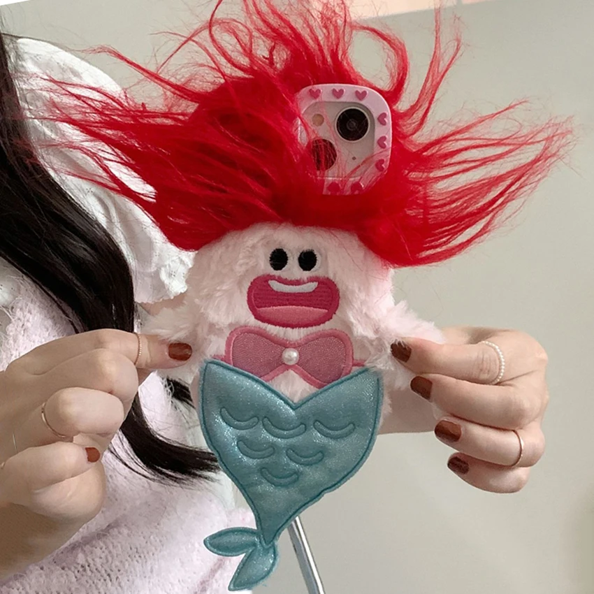 

Funky Fuzzy Hair 17 16 15 14 13 Pro 12 Max 16Promax Cartoon Mermaid Phone Case Embroidered 17Promax Cover 15Promax unique Shell