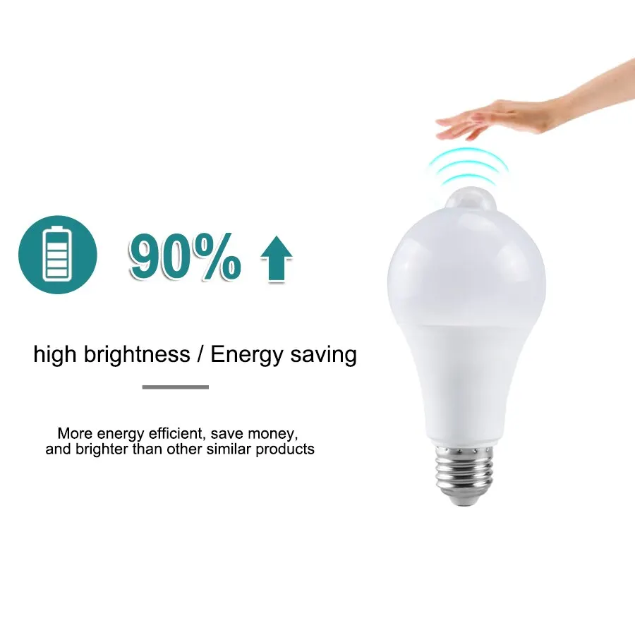 PIR 모션 센서 전구, E27 12W 15W 18W 20W LED 램프, 자동 스마트 적외선 B22 LED 전구, 에너지 절약 봄빌라 베란다 조명