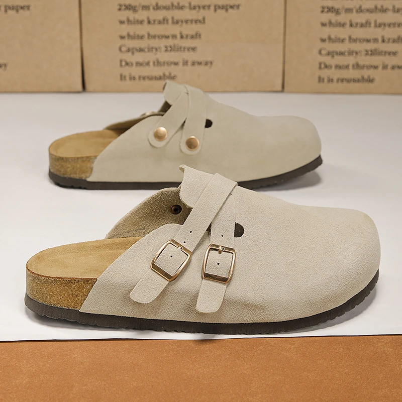 

Fashion Women's Suede Mules Slippers 2026 New Outdoor Beach Slides Home Shoes Men Clogs Cork Insole Sandals with Arch Support