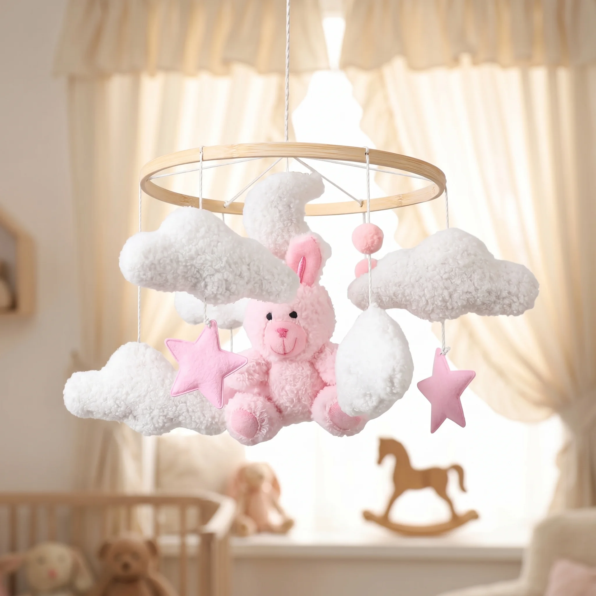 360° Rotating Teddy Bear Crib Mobile Soft Lamb's Wool Teddy Fleece Bell Sounds Shape Recognition Cloud Bear Star Baby Toy
