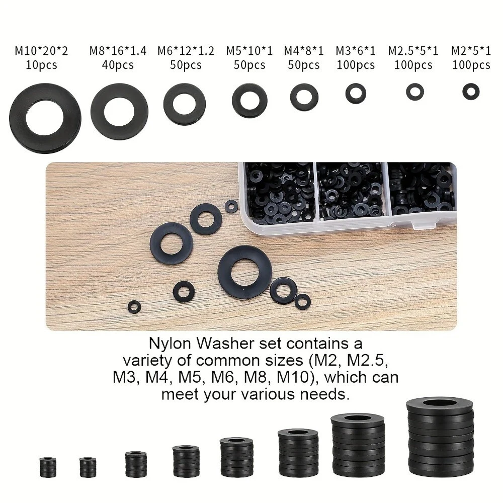 500 Stück flache Unterlegscheiben, Nylon-Gummiringe, einfaches Reparaturdichtungs-Sortiment, M2-M10-Set, selbstspannendes Design – Detail 6