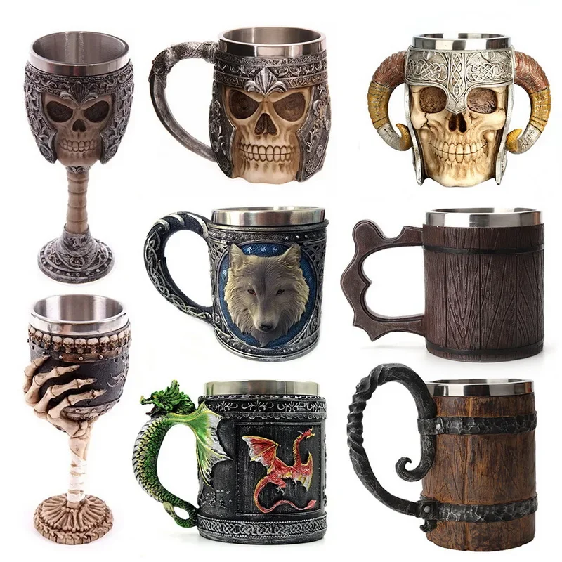 Retro Horn Skull Resin Beer Mug  Stainless Steel Skull Knight Tankard Halloween Coffee Cup Viking Tea Mug Pub Bar Decoration