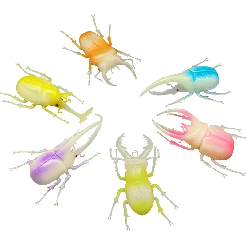 6Pcs Beetle Model Glow in the Dark Insect One horned Immortal Insect Colorful Beetle Simulation Model Children's CognitionToy