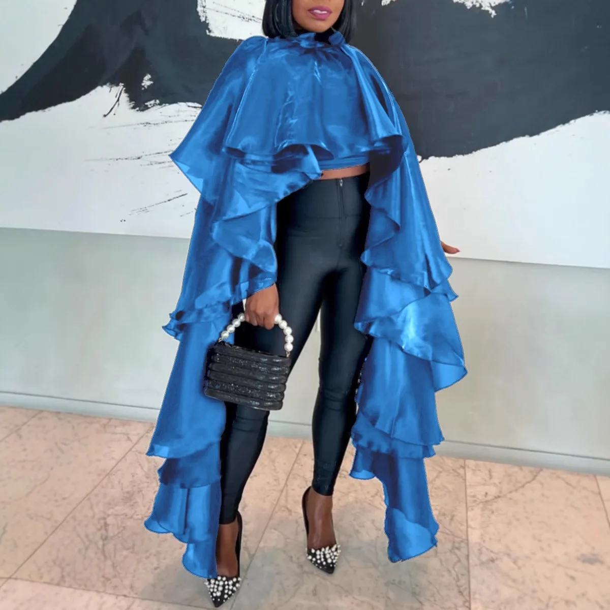 S10981 섹시한 캐주얼 새틴 루스 케이프 스타일 풀오버 셔츠 디자이너 겸손한 봄 Femme 2025 여름 드레스 가운 Vestido 여성 파티