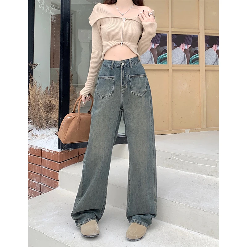 

WCFCX STUDIO Womens Jeans High Waist Vintage Straight Baggy Denim Pants Streetwear American Style Fashion Wide Leg Denim Trouser