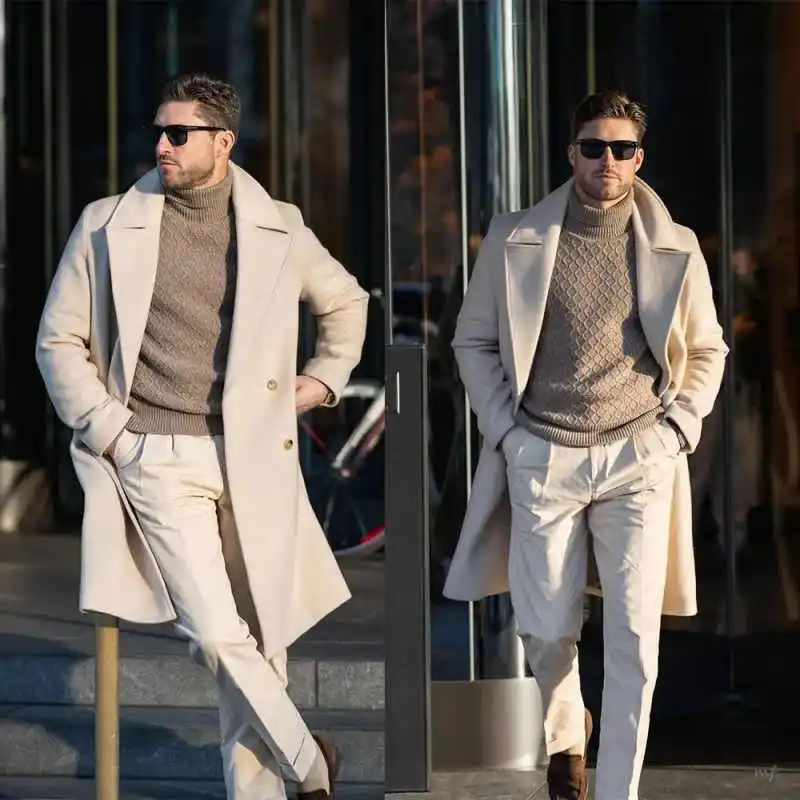 

Casual Wool Blends Men Long Overcoat Peaked Lapel Double Breasted Groom Wedding Tuxedos Winter Customized One Piece