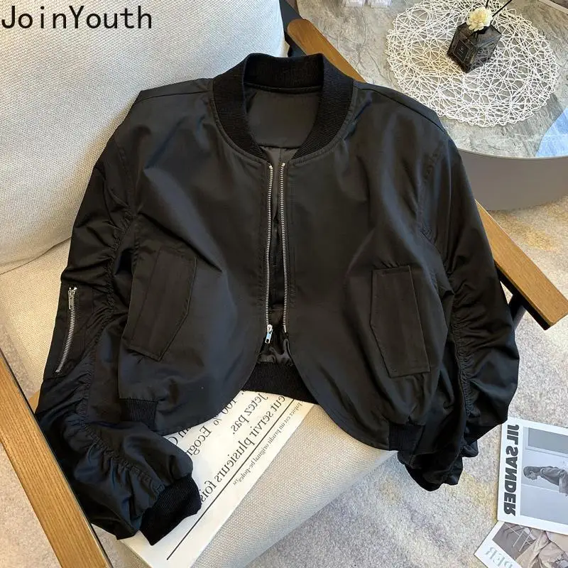 Harajuku Bomber Jacket Women's Clothing Stand Neck Casual Zipper Stand Outwear Y2k Tops Fashion Black Crop Coats 2024 Ropa Mujer