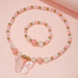 2Pcs/set Pink Butterfly Charm Necklace Bracelet Princess Girl Jewelry Set for Daughter Niece Best Party Birthday Gifts