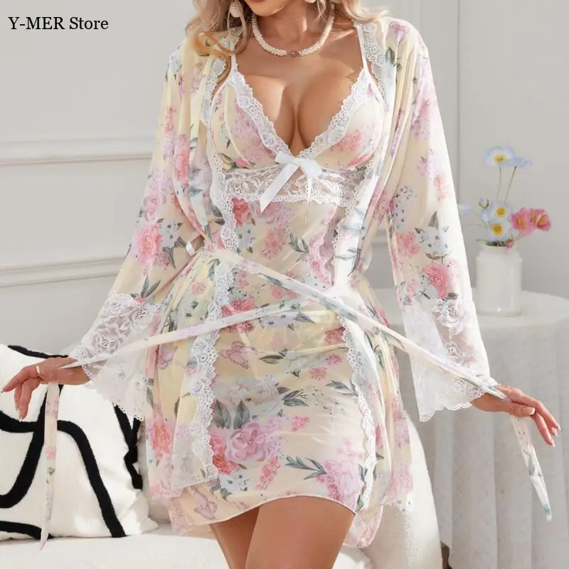 

Print Floral Romantic Lingeries Robe Set Sexy Home Dressing Gown Summer 2Pcs Short Sling Dress Kimono Intimate Lingerie