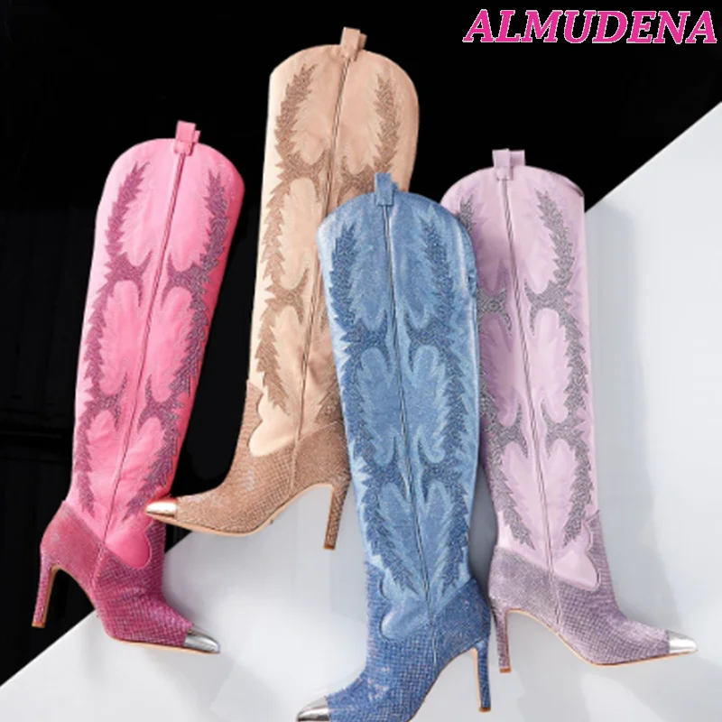 

Slim Calf Rhinestone Embellished Over Knee Western Dress Boots Pointy Toe Glitter Boot in Pink\Black\Sliver Luxury Design Shoes