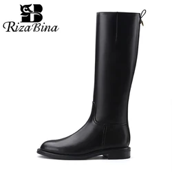 RIZABINA Women Knee Boots ReaL Leather Thick Heeled Winter Shoes Woman Long Boot Fashion Metal Buckle Winter Warm Daily Footwear