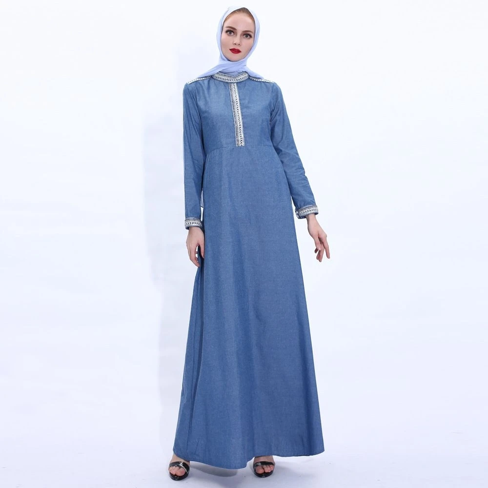 

Professional Muslim Women's Abaya Stand Collar Robe Middle Eastern Daily Casual Blue Denim Dress Long Sleeve Embroidery Kaftans