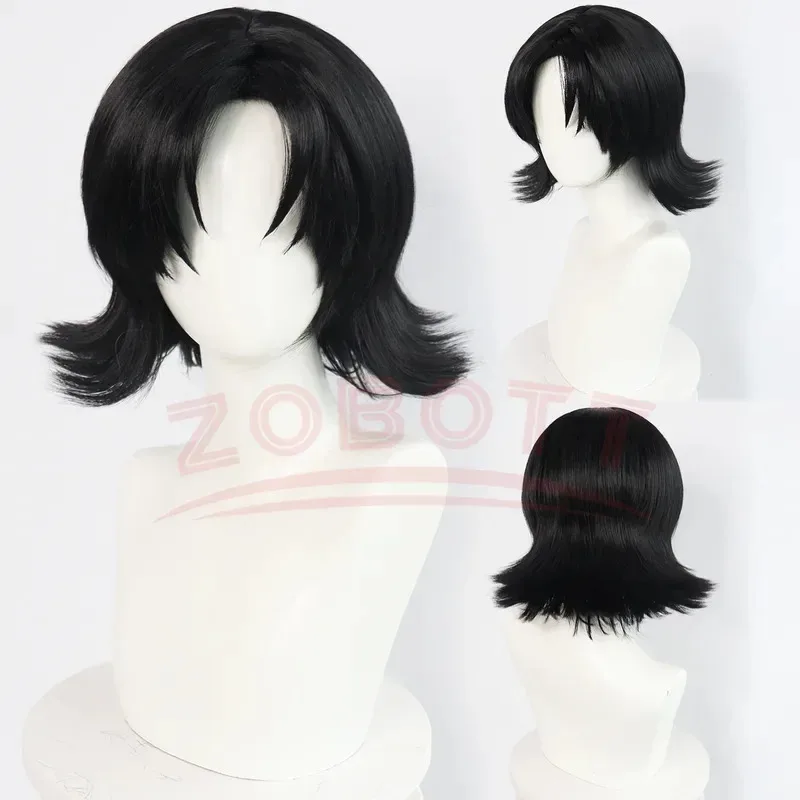 Peluca de Cosplay Mima, peluca corta negra, pelucas para fiesta de Halloween, disfraz de Cosplay de Mima azul perfecto, vestido de tubo rojo sin tirantes con diadema